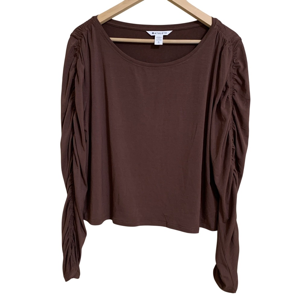 Athleta Ruched Long Sleeve Top Womens XL Brown Mahogany Crew‎ Neck Cropped - Picture 2 of 4